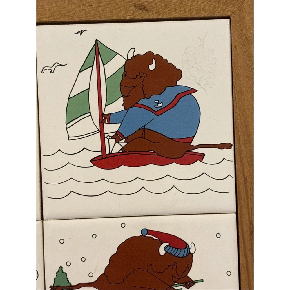 Vintage 1985 AM&As Buffalo Ceramic Tile Wall Art 4 Tile Framed Alexander Buffalo